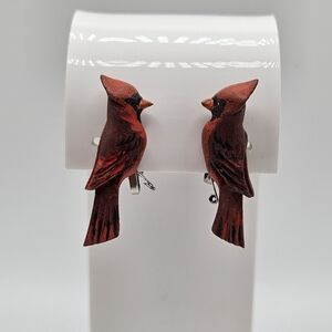VINTAGE Handmade Wooden Wood Red Cardinal Bird Clip-On Earrings